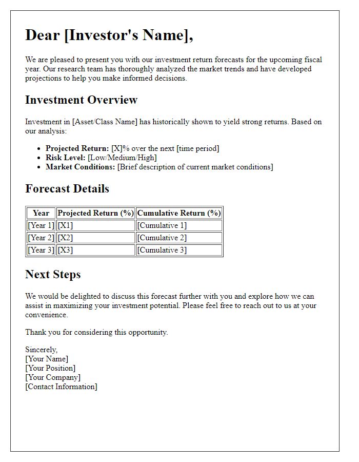 Letter template of investment return forecasts for potential investors.