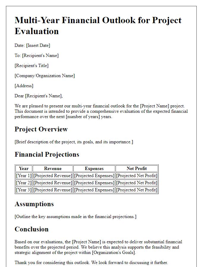 Letter template of multi-year financial outlook for project evaluation.