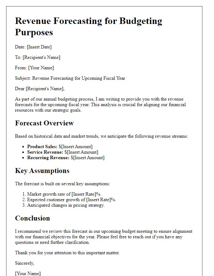 Letter template of revenue forecasting for budgeting purposes.