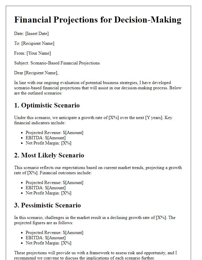 Letter template of scenario-based financial projections for decision-making.