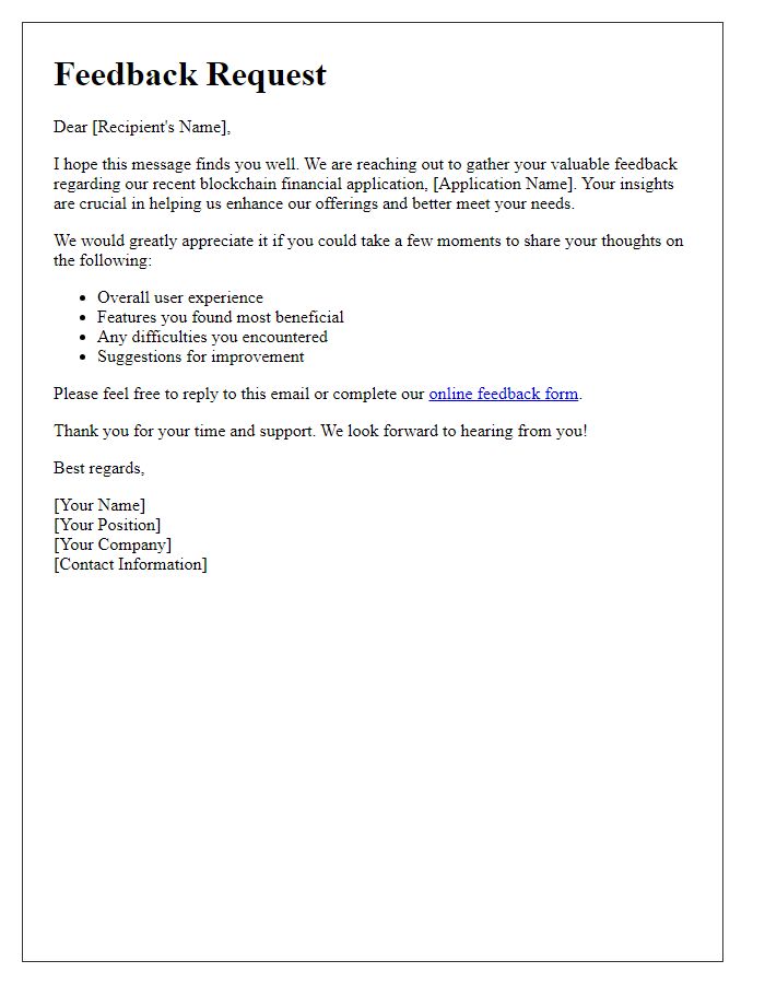 Letter template of blockchain financial application feedback request