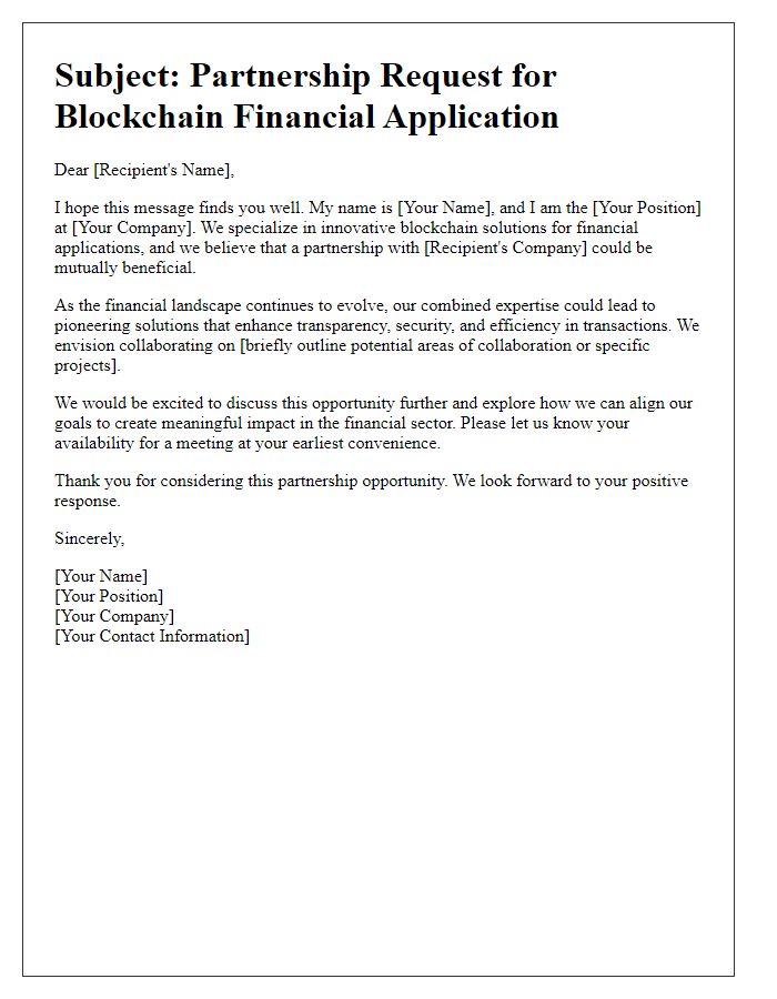 Letter template of blockchain financial application partnership request