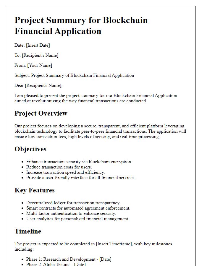 Letter template of blockchain financial application project summary