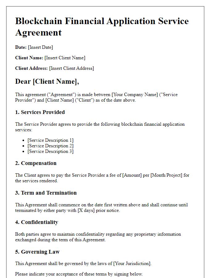 Letter template of blockchain financial application service agreement