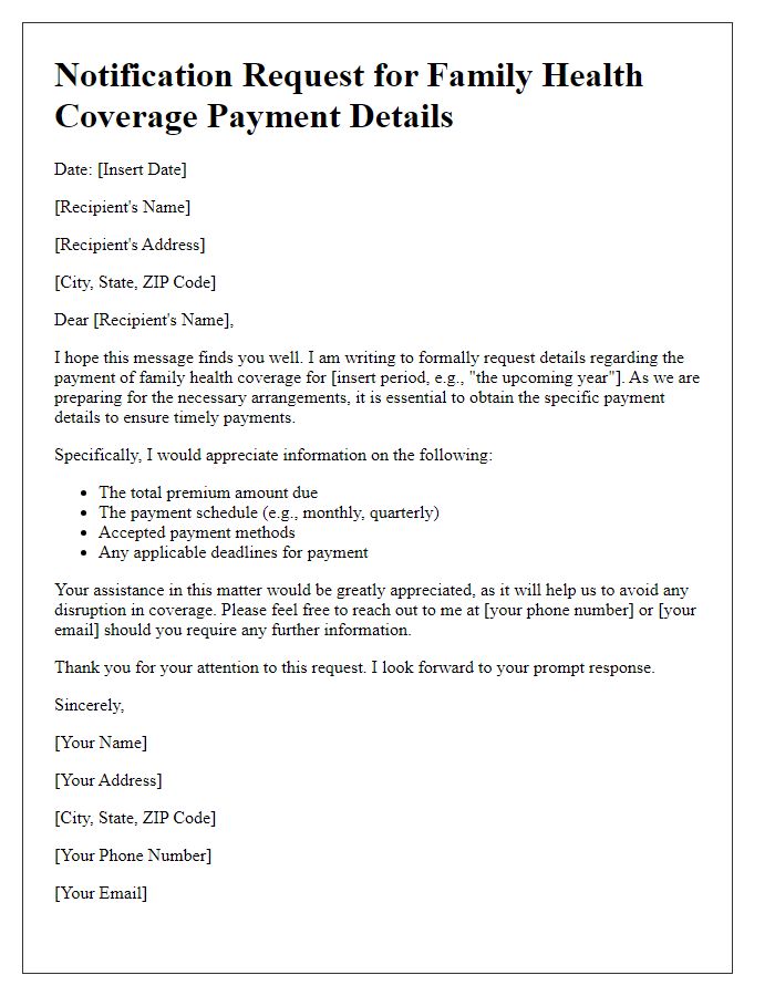 Letter template of notification request for family health coverage payment details