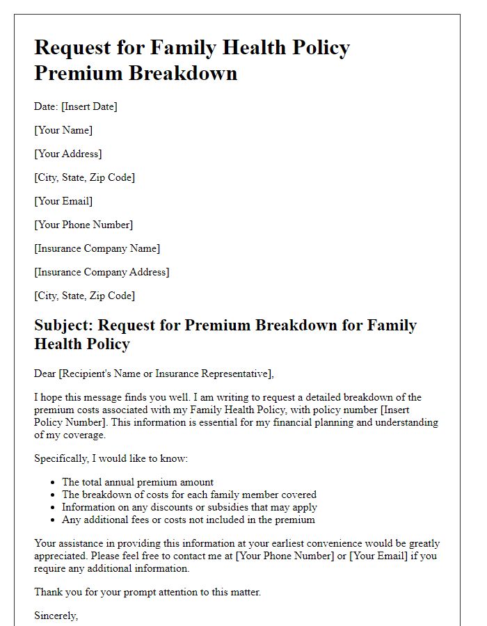 Letter template of solicitation for family health policy premium breakdown