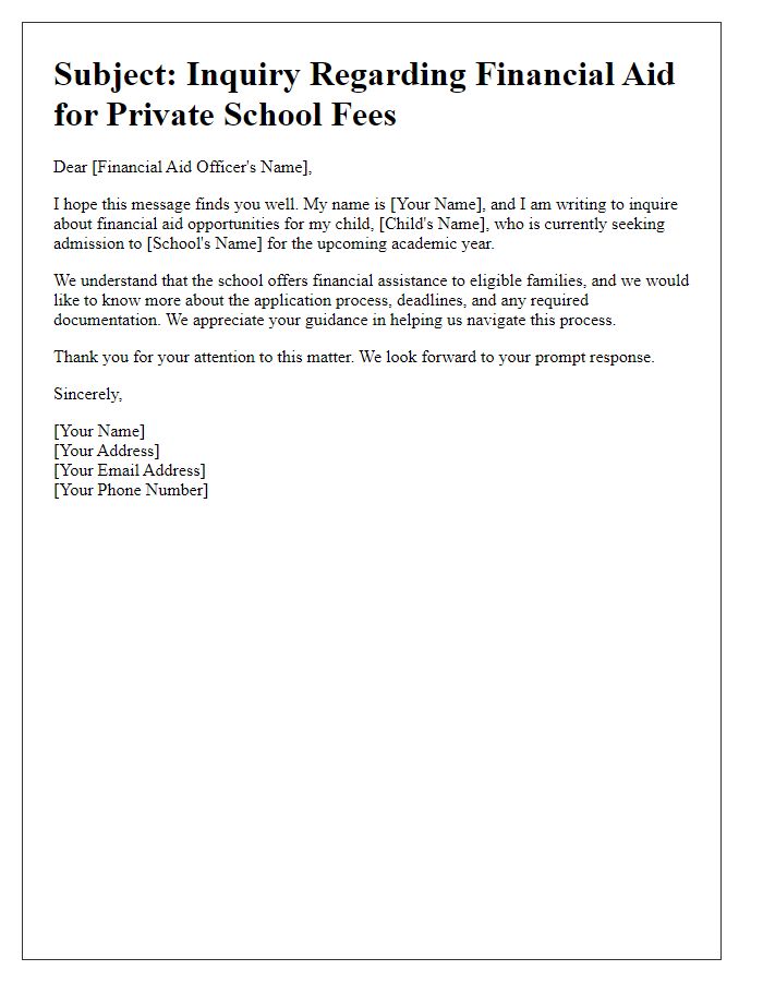 Letter template of query regarding financial aid for private school fees