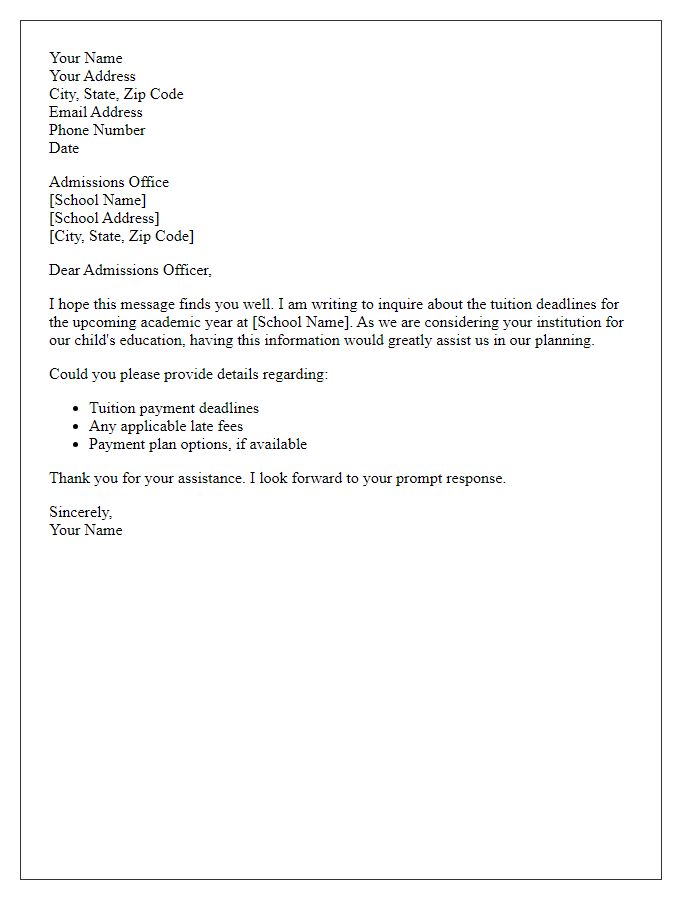 Letter template of request for information on private school tuition deadlines