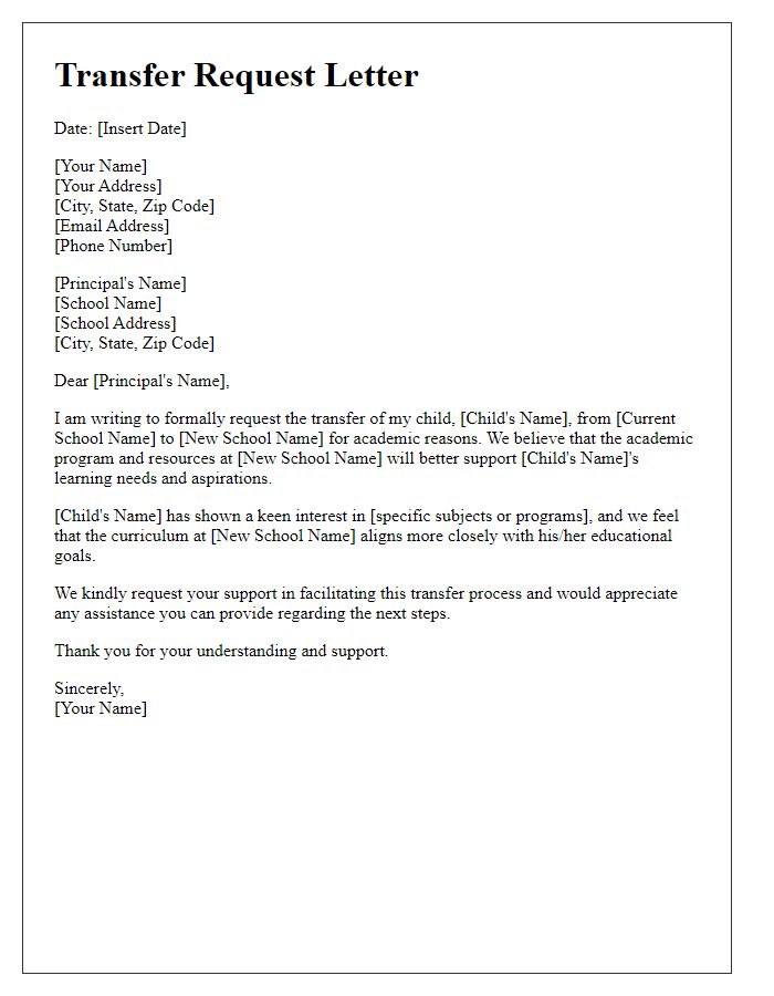 Letter template of private school transfer request for academic reasons