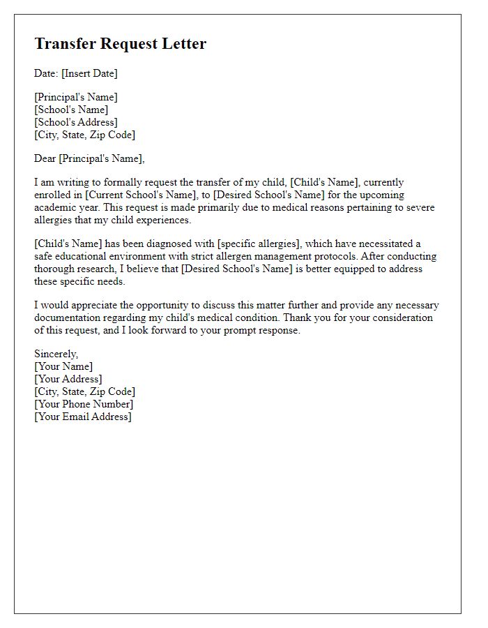 Letter template of private school transfer request for allergy considerations