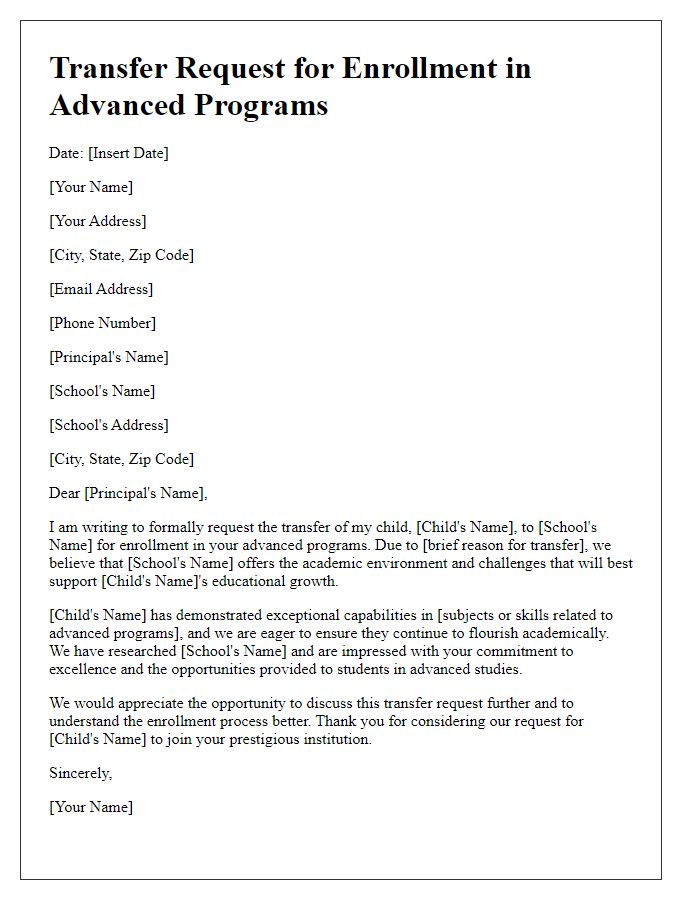 Letter template of private school transfer request for enrollment in advanced programs