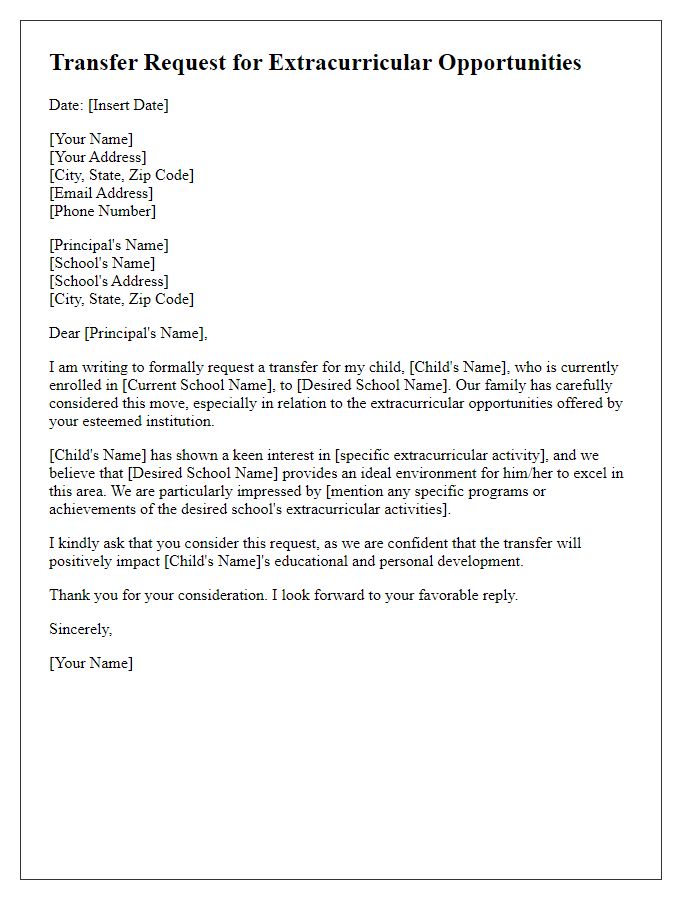 Letter template of private school transfer request for extracurricular opportunities