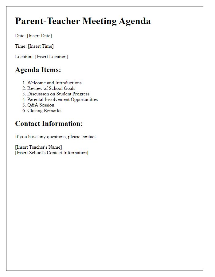 Letter template of agenda for private school parent-teacher meeting.