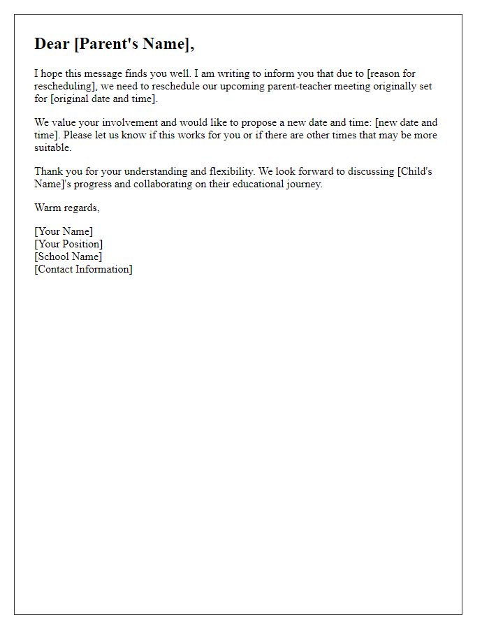 Letter template of rescheduling private school parent-teacher meeting.