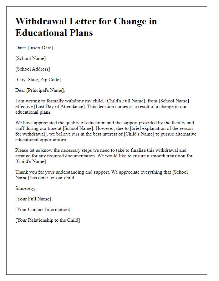 Letter template of private school withdrawal for change in educational plans.