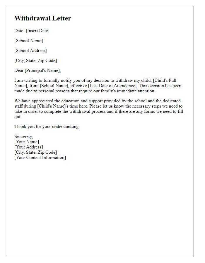 Letter template of private school withdrawal for personal reasons.