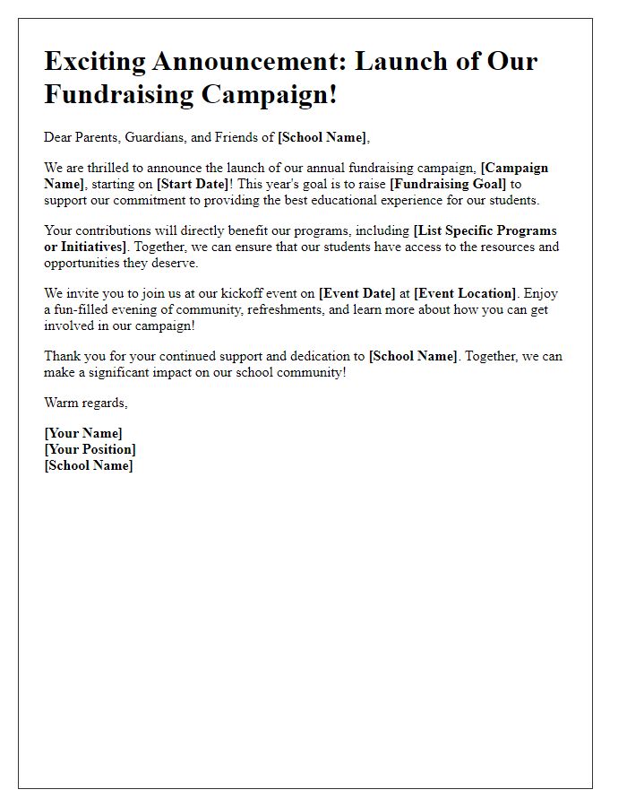 Letter template of announcement for private school fundraising campaign launch.