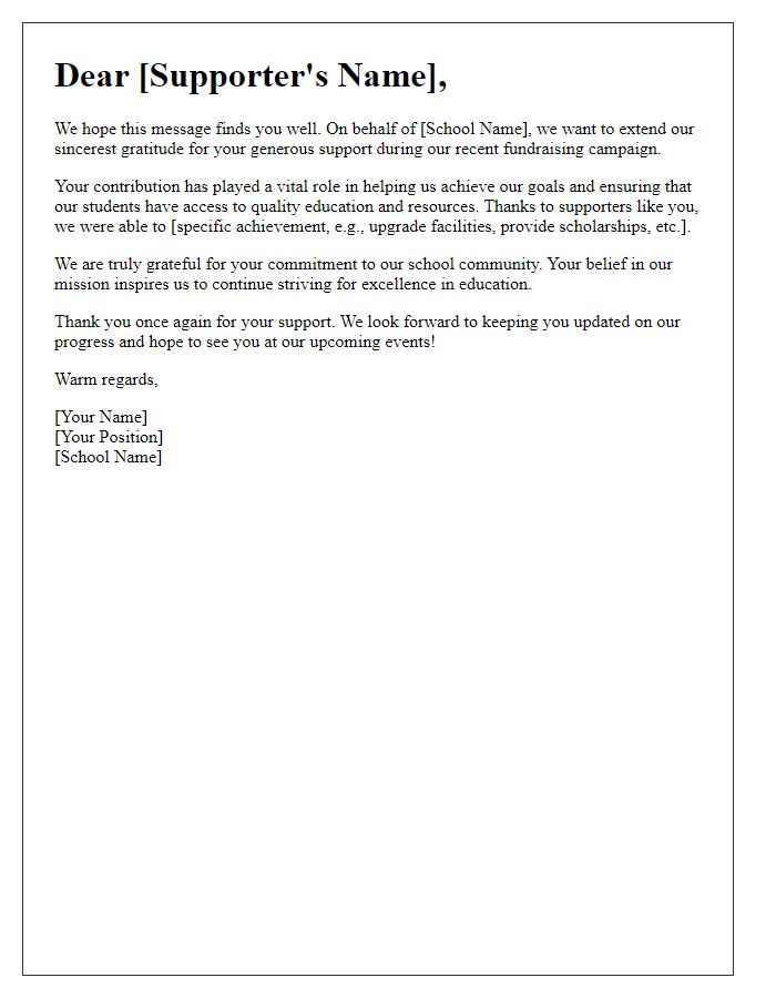 Letter template of appreciation for private school fundraising supporters.