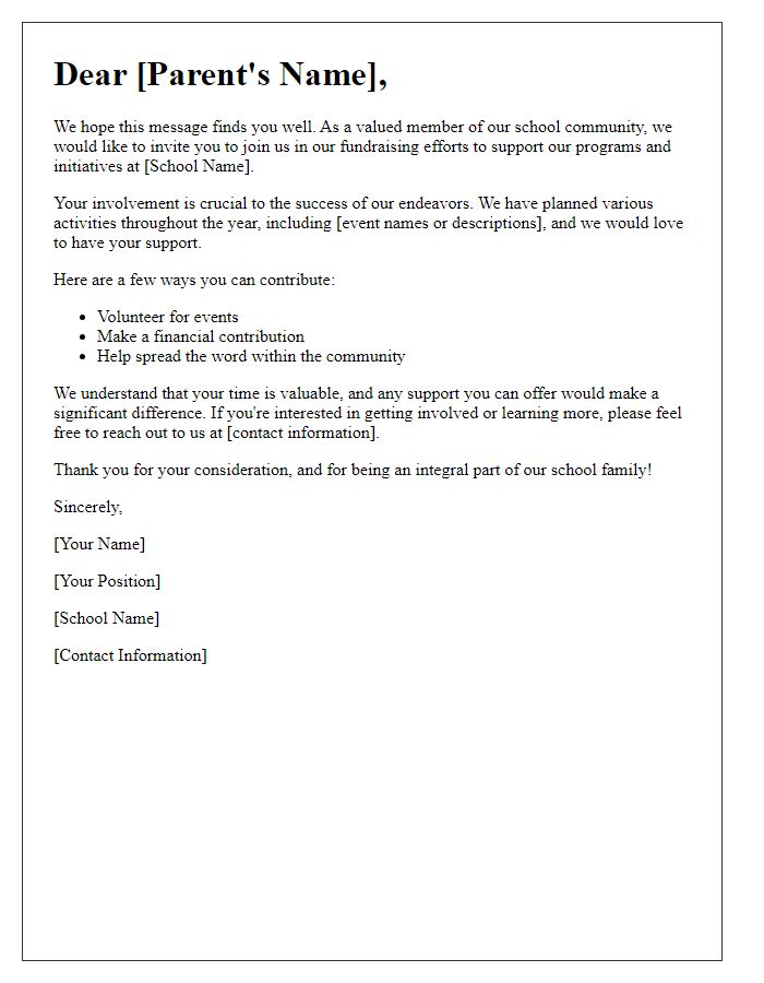 Letter template of engagement for parents in private school fundraising efforts.