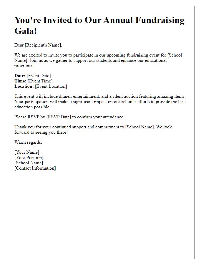 Letter template of invitation for private school fundraising event participation.