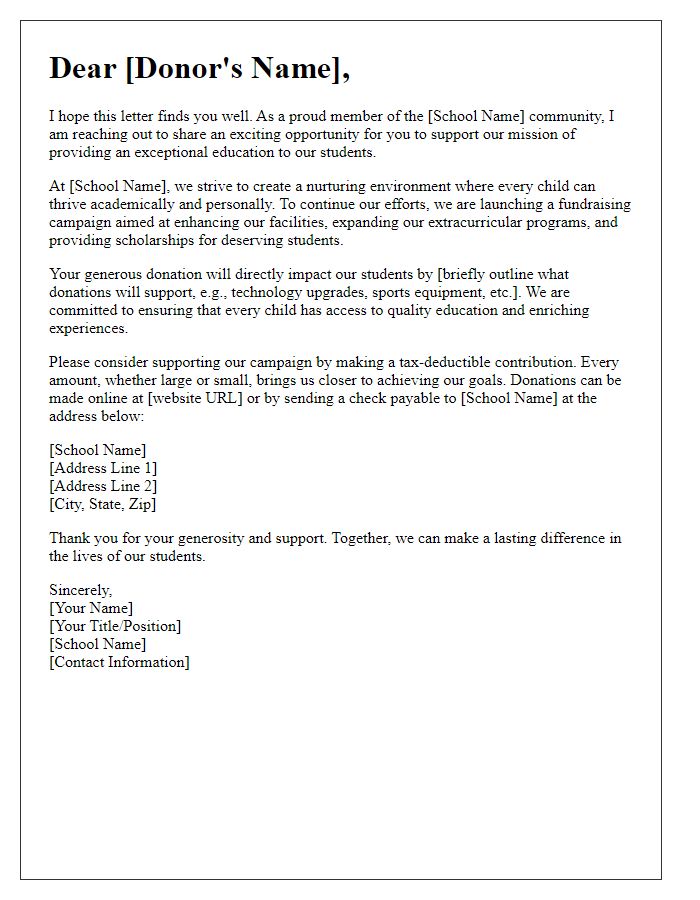 Letter template of solicitation for private school fundraising donations.