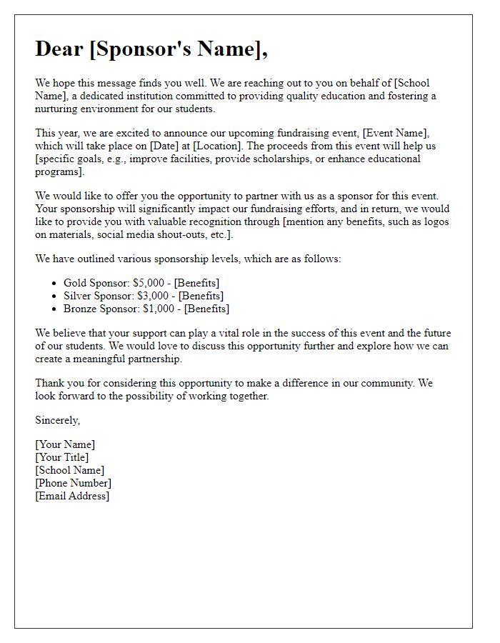 Letter template of sponsorship opportunity for private school fundraising.