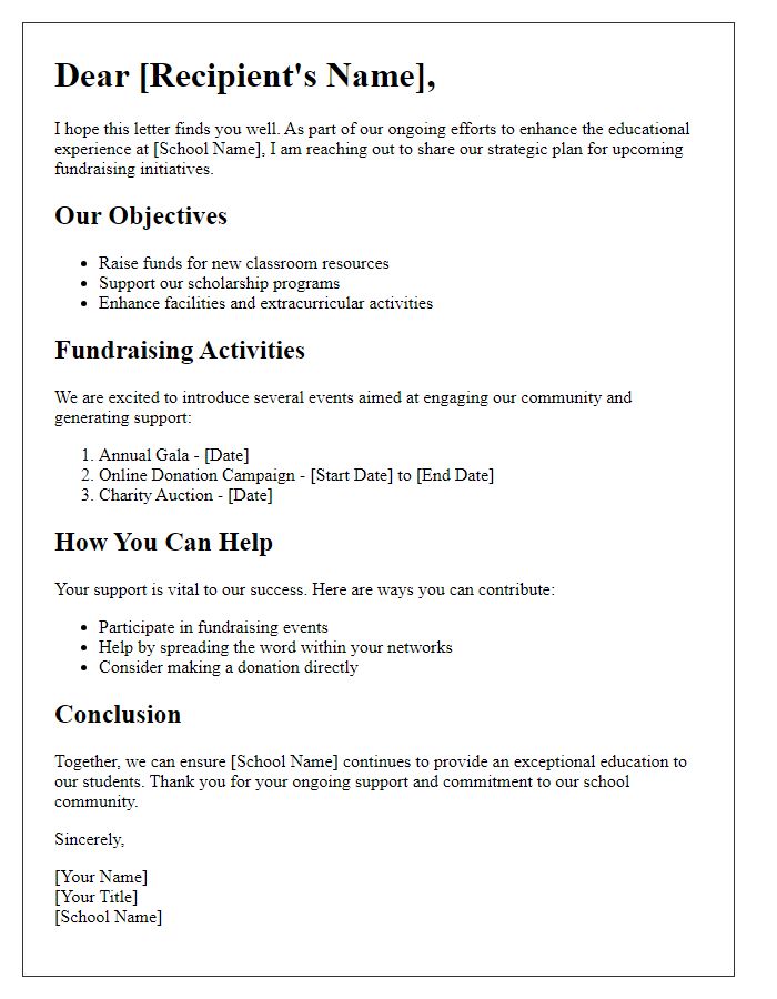 Letter template of strategy for private school fundraising planning.