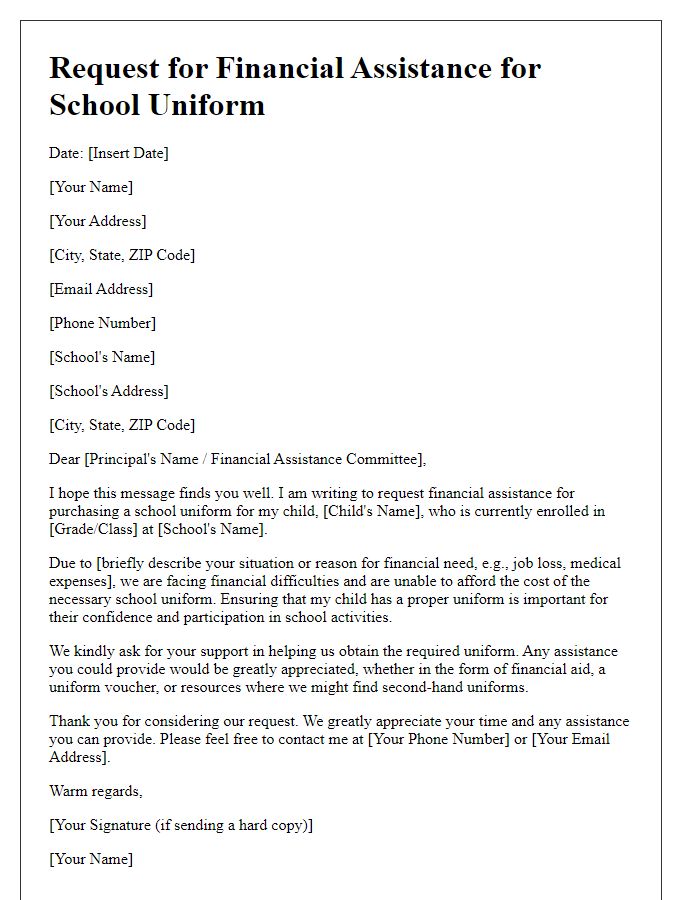 Letter template of appeal for financial assistance for private school uniform