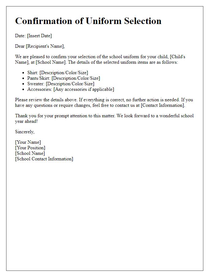 Letter template of confirmation for private school uniform selection