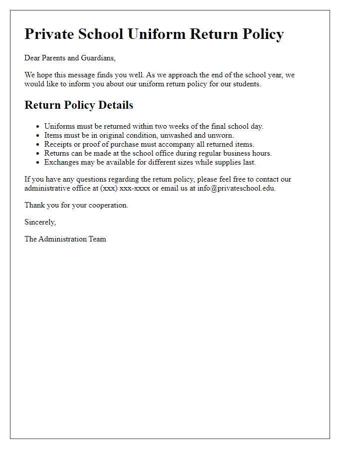 Letter template of information on private school uniform return policy