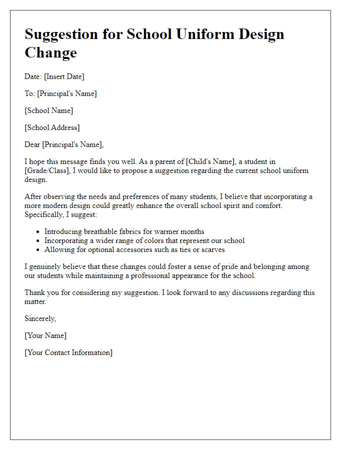 Letter template of suggestion for private school uniform design change