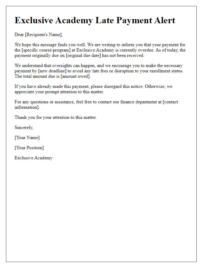 Letter template of exclusive academy late payment alert