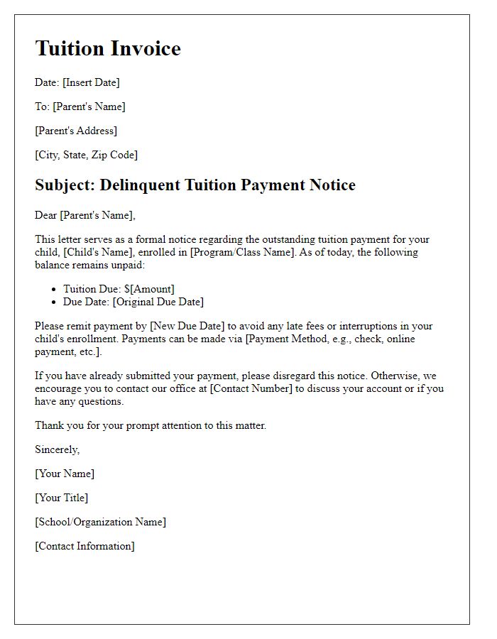 Letter template of parent invoice for delinquent tuition