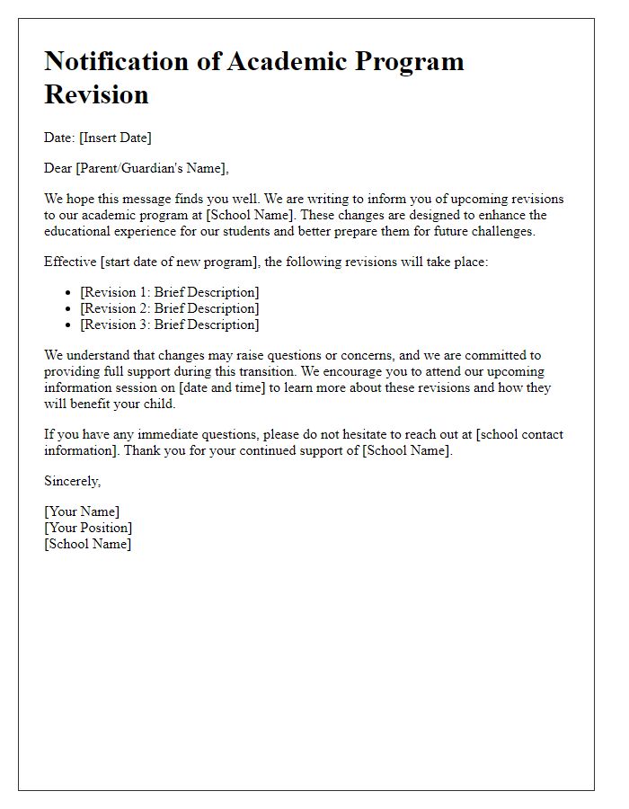 Letter template of private school academic program revision notification