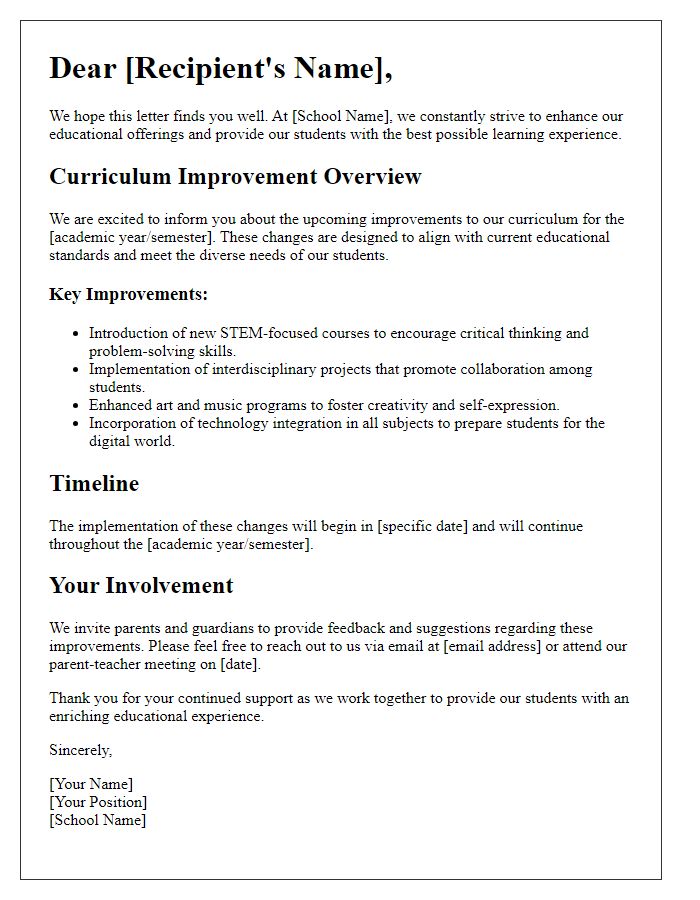 Letter template of private school curriculum improvement details