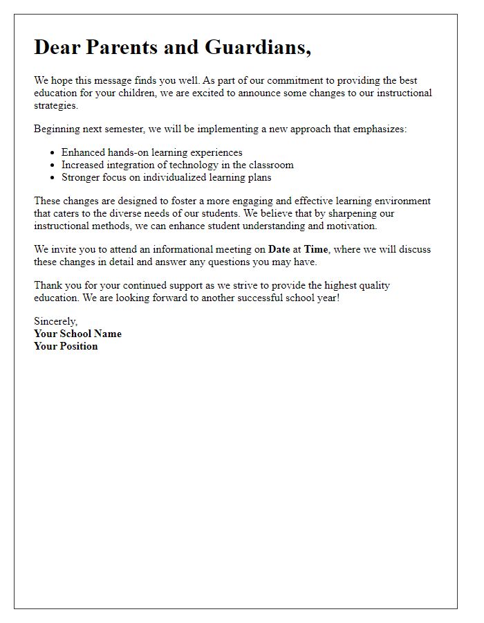 Letter template of private school instructional strategy changes