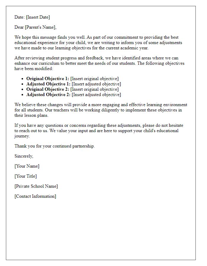 Letter template of private school learning objectives adjustment