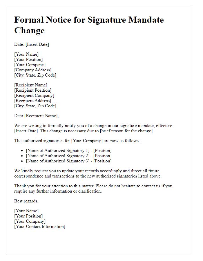 Letter template of formal notice for signature mandate change