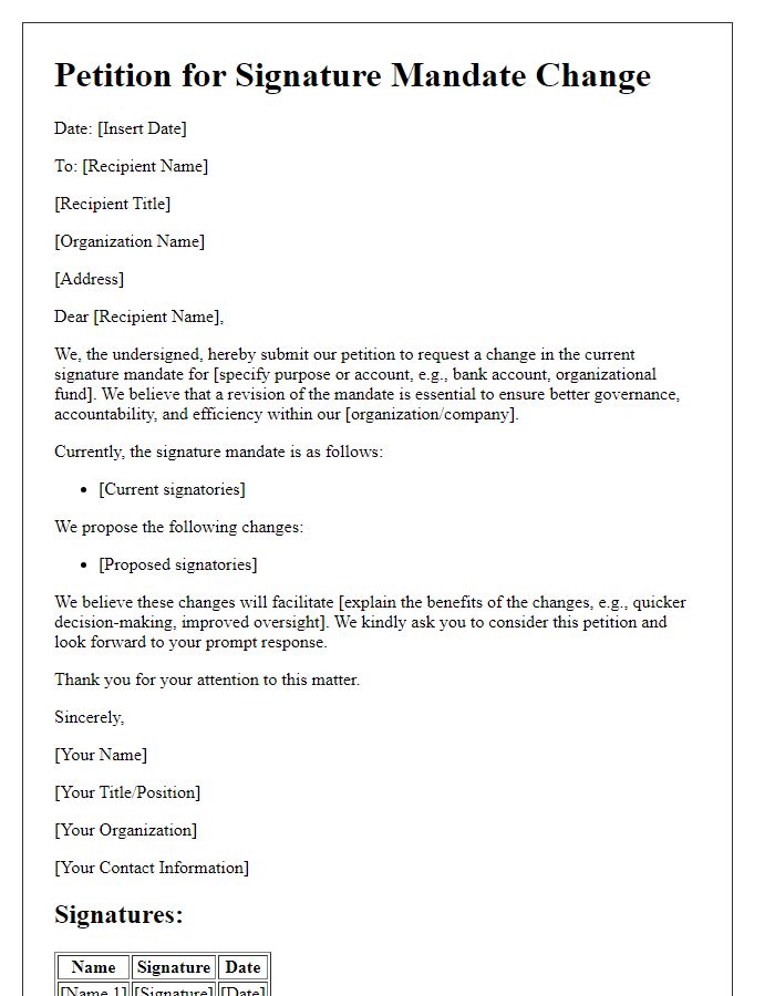 Letter template of petition for signature mandate change