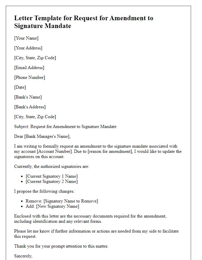 Letter template of request for amendment to signature mandate