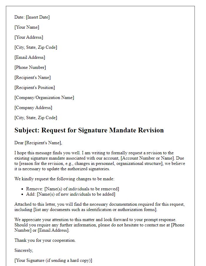 Letter template of request for signature mandate revision