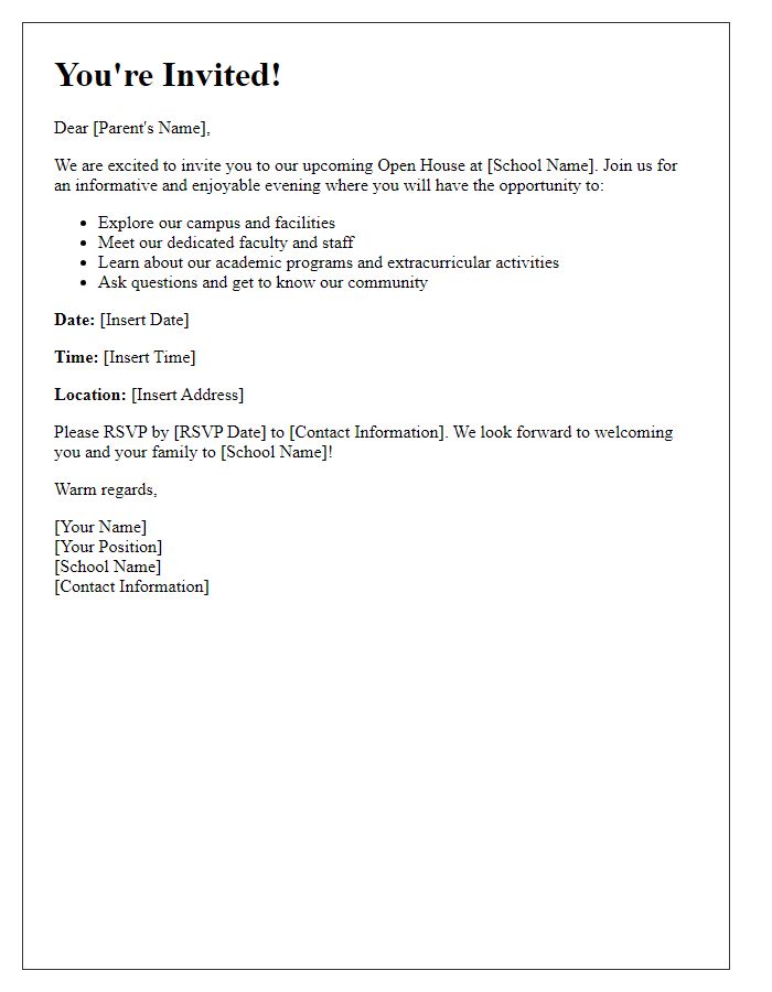 Letter template of invitation for private school open house.