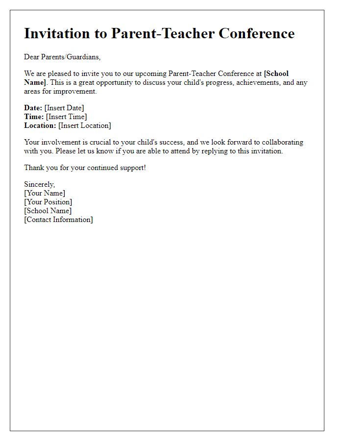 Letter template of invitation for private school parent-teacher conference.