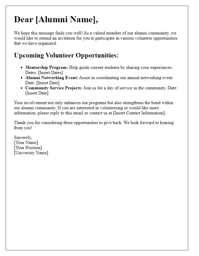 Letter template of Alumni Volunteer Opportunities