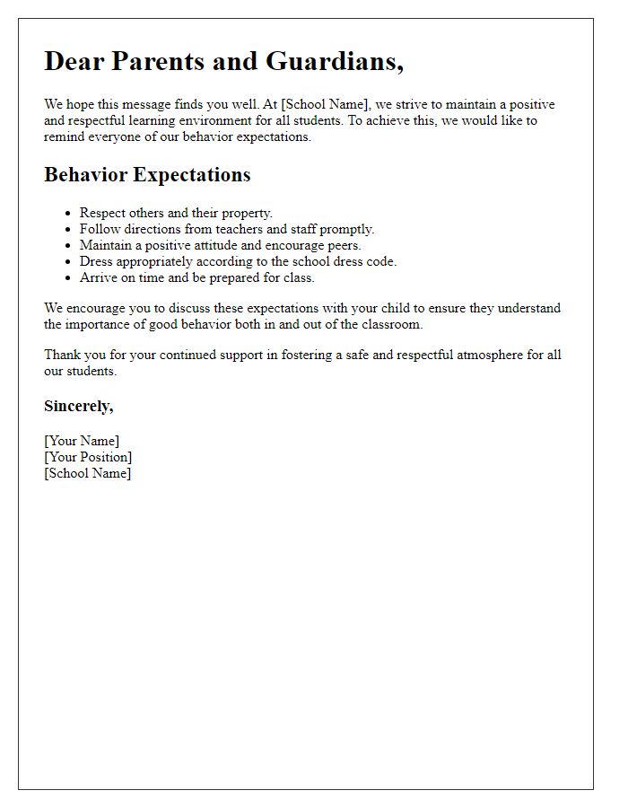 Letter template of private school behavior expectations reminder