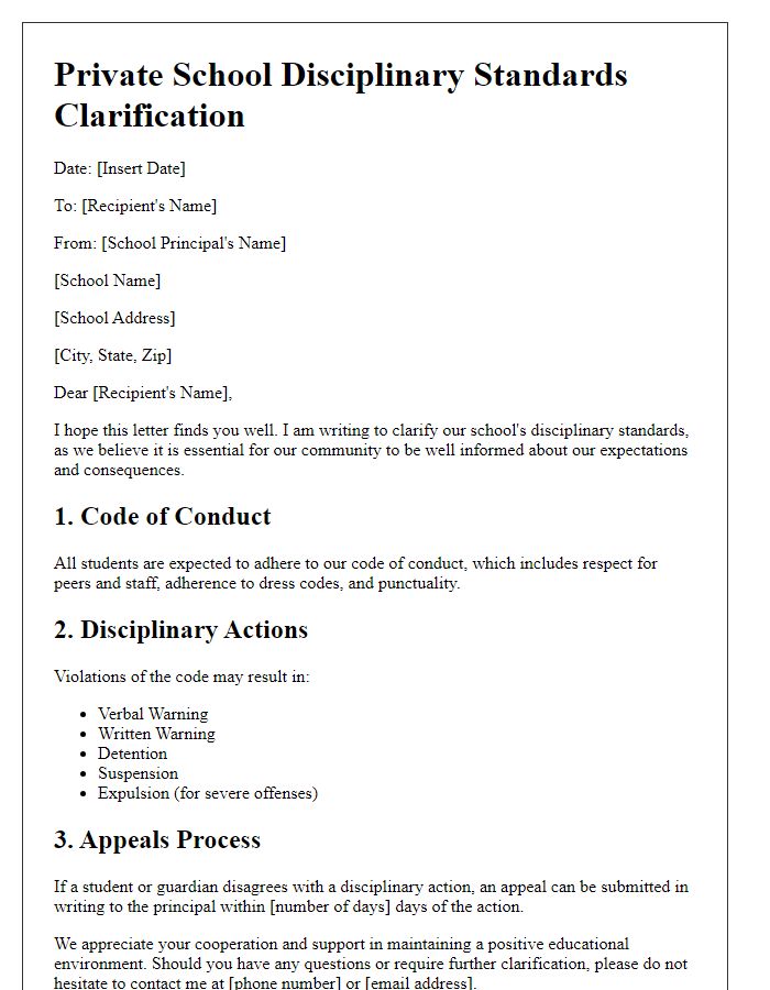 Letter template of private school disciplinary standards clarification