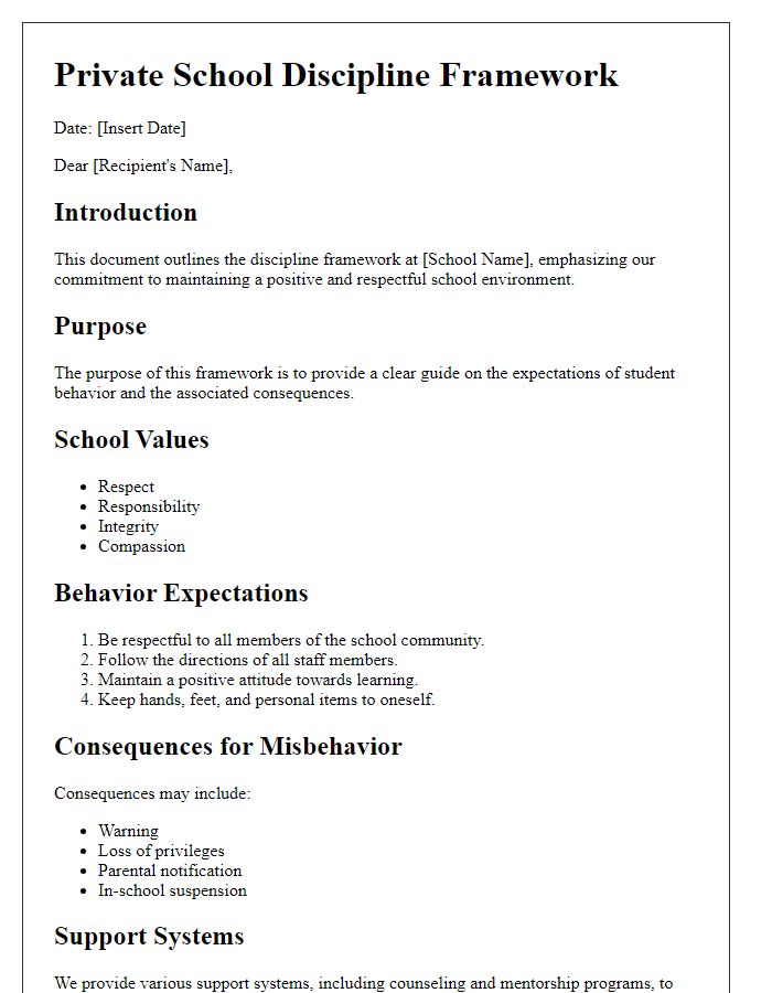 Letter template of private school discipline framework outline