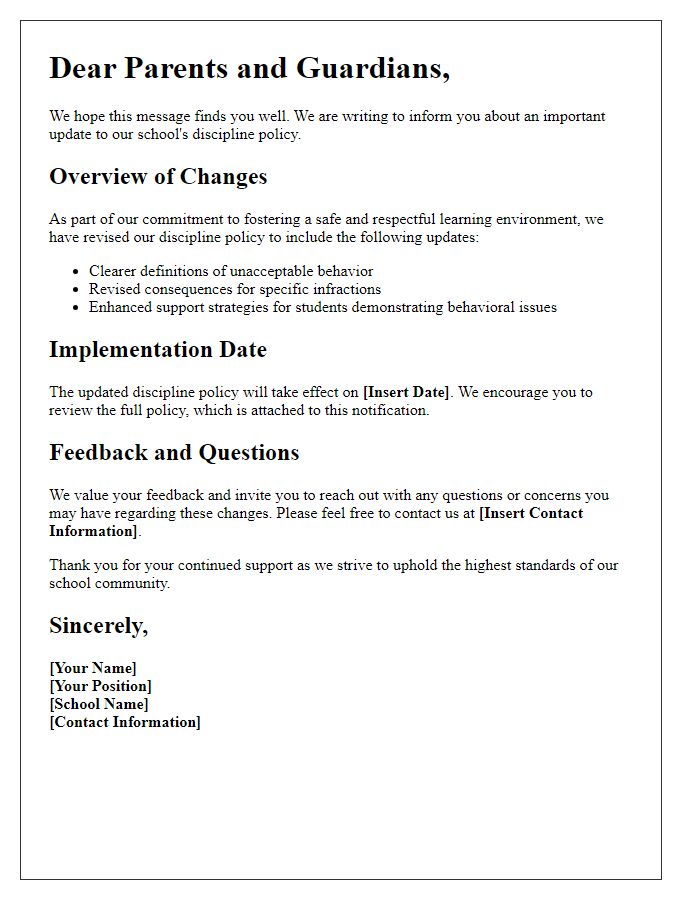 Letter template of private school discipline policy update notification