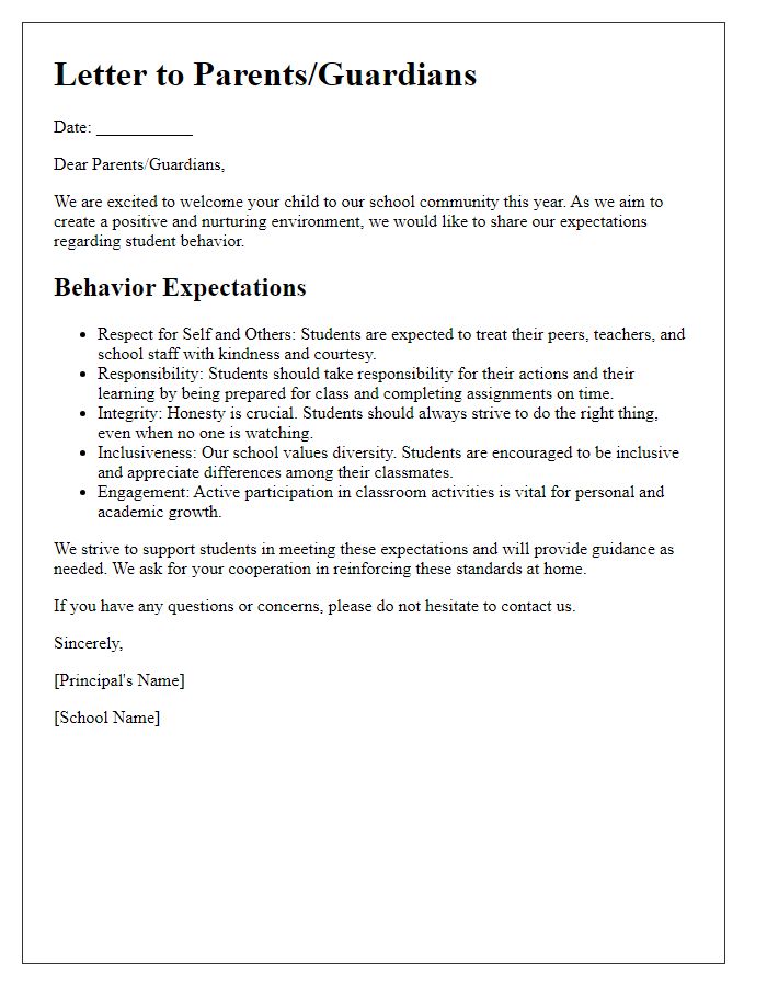 Letter template of private school expectations for student behavior