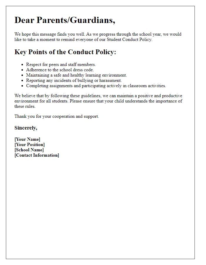 Letter template of private school student conduct policy reminder